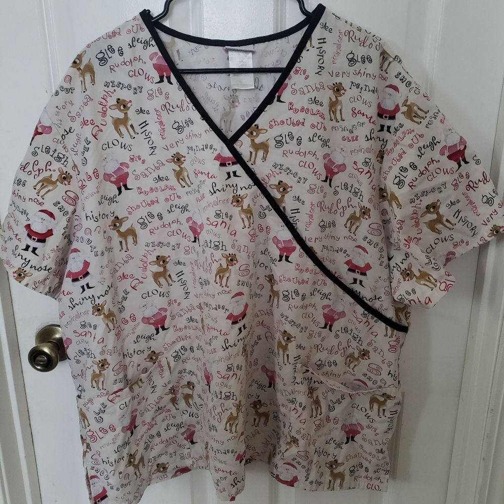 ⭐Rudolph The Red Nosed Reindeer Santa Festive Print Christmas Scrub Top Plus 3XL
